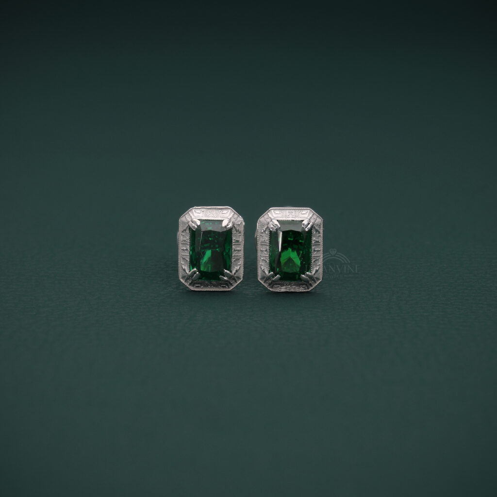 Emerald Cut Green Stone Stud Earrings in Silver | Elegant Minimal Jewelry