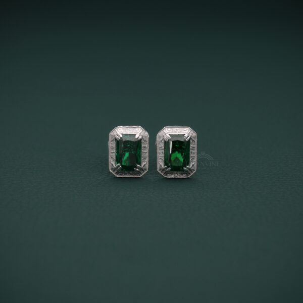 E Dhanvine Jewels E 1_1 Emerald Cut Green Stone Stud Earrings in Silver | Elegant Minimal Jewelry