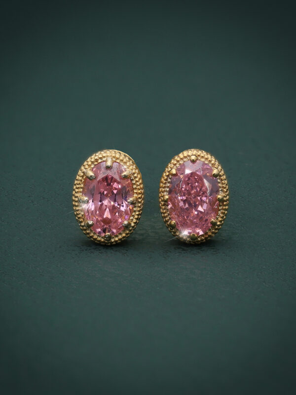 Oval Pink Stone Stud Earrings in Gold | Classic Halo Style Jewelry